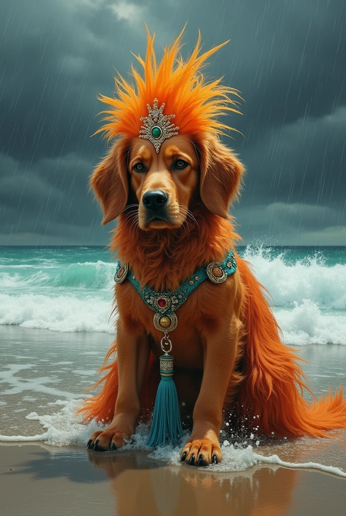 Scoobdoo dog dressed as Pricila, queen of the desert, nervous on the beach raining with storm doing voodoo for the sun to appear