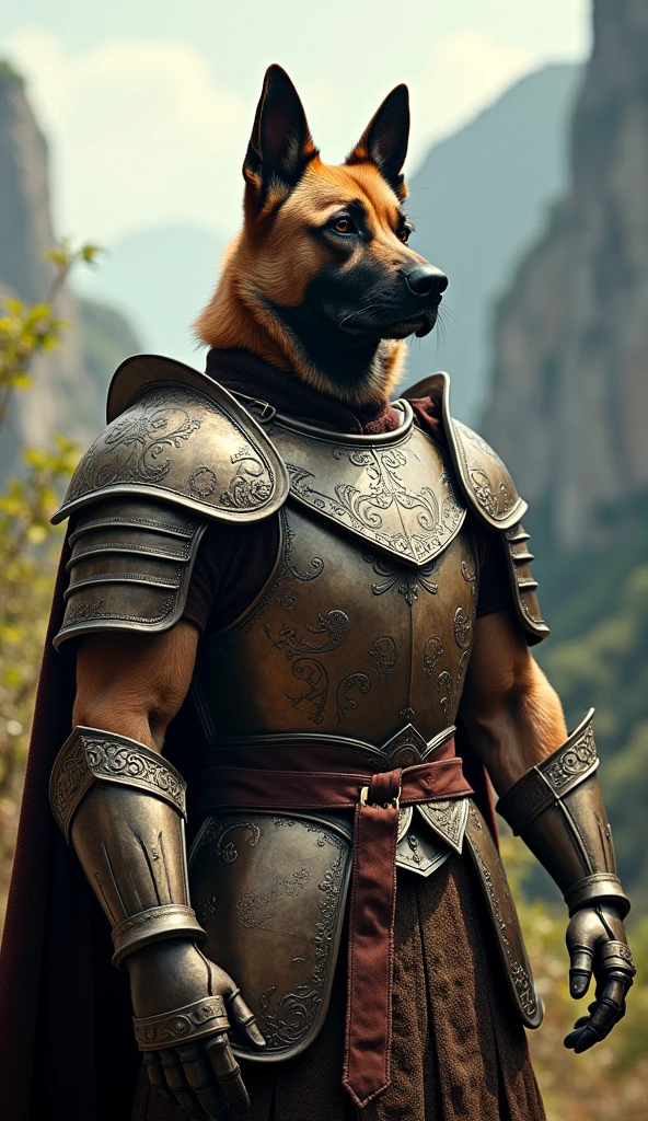 a dog in armor poses for a photo, Cinematic plan, Fujifilm XT3, Canon R5, Fujicolor Fujichrome Velvia 100