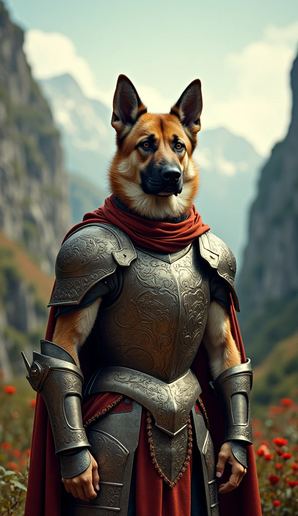 a dog in armor poses for a photo, Cinematic plan, Fujifilm XT3, Canon R5, Fujicolor Fujichrome Velvia 100