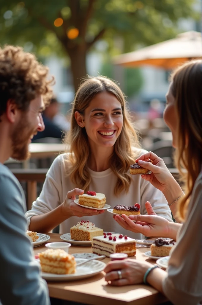 "An image of smiling and happy people enjoying cakes and desserts in a cozy and pleasant atmosphere, like a café or a terrace. People should appear relaxed and happy., chatting and laughing while tasting the desserts."