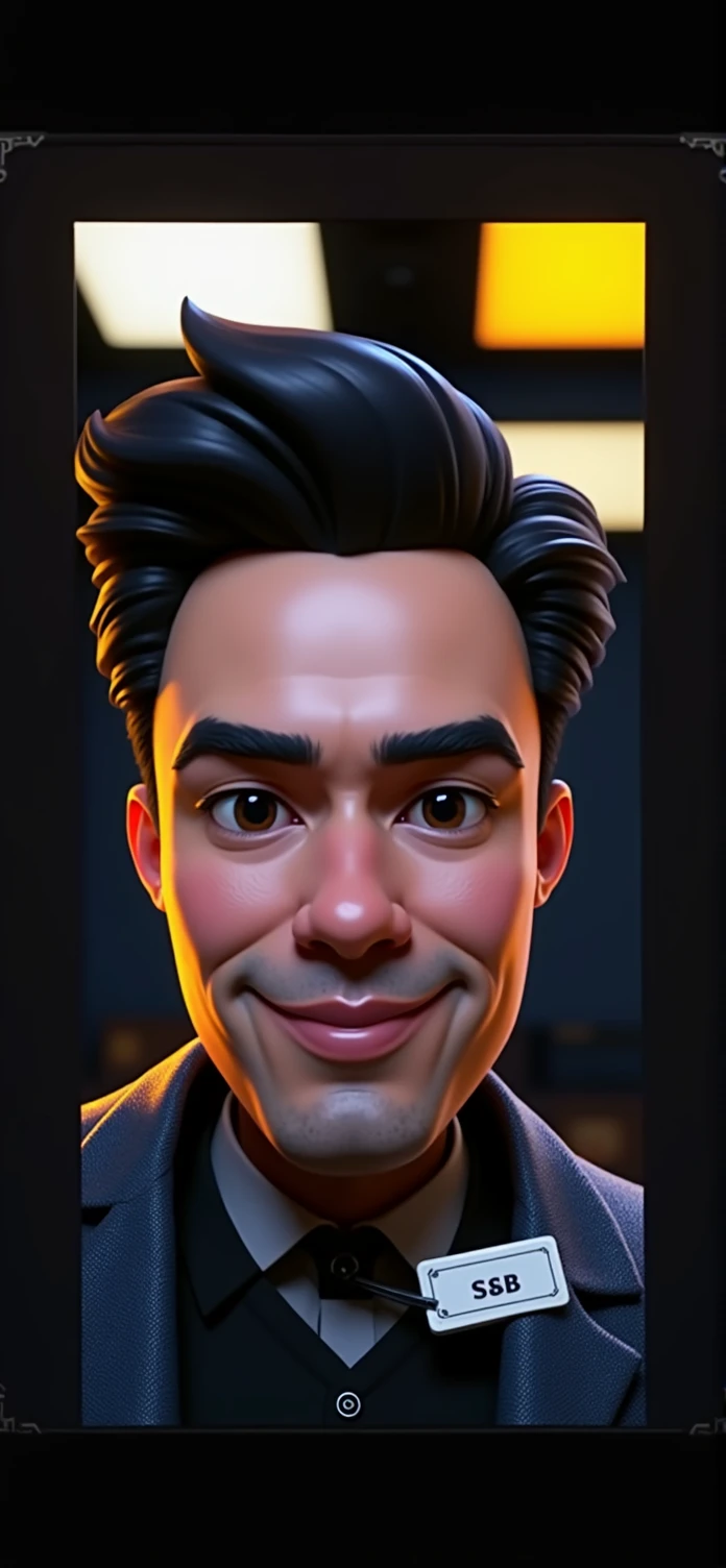 Create a full body portrait of cartoonish caricature 3D animation of a big-headed facing straight to the camera. a 22 years old indonesia raphlauren shirt. He has short black pixie cut hair. His face is oval with smooth lines, thick and neat black eyebrows, normal eyes, a small, sharp nose, and thin lips with a wide, friendly smile. He wore a black double breasted suit.  Gradient blue background. masterpiece, top quality, highly detailed skin and face, ultra-realistic, high definition, sharp focus, Concept Art. Front facing, half body portrait, in a office environment

