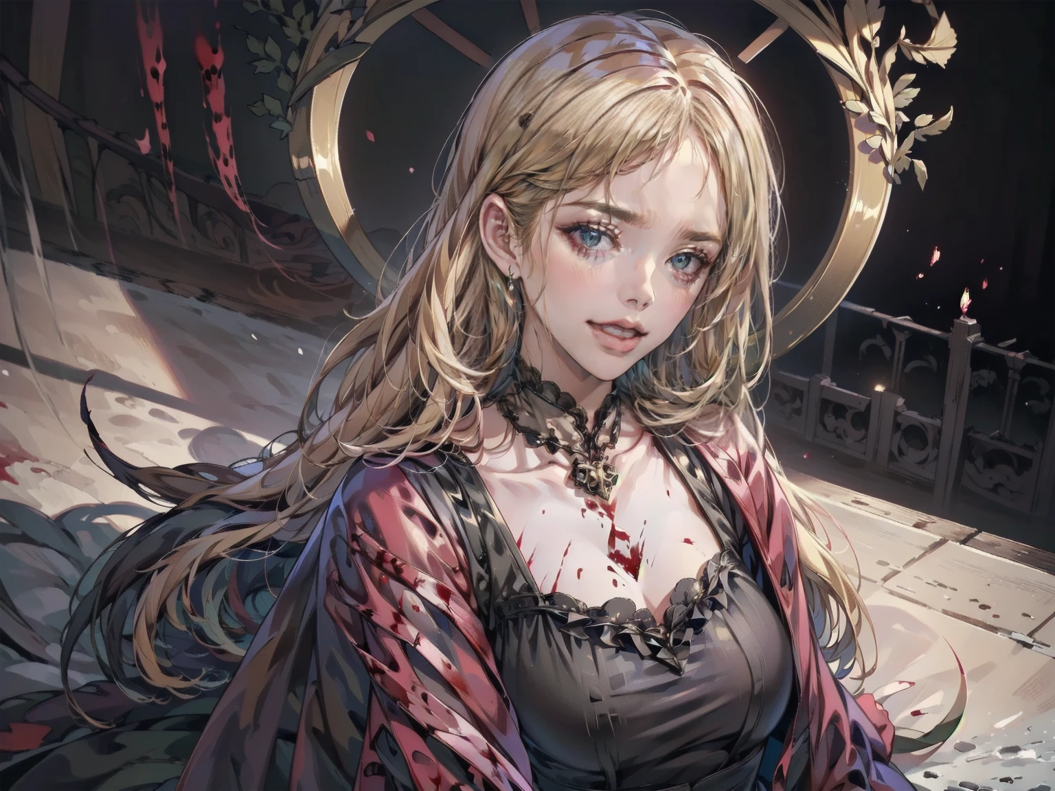 beautiful girl、Moe、cute、とてもcute服、繊細なPink Tata Dress、.(Highest quality,4K,High resolution,masterpiece:1.2),Very detailed,Realistic:1.37,Spooky altar background,Dark fantasy,Red color scheme,Ominous atmosphere,Eye-catching,Storytelling,anatomy,Anime Style,Concept Art,beautiful細部までこだわった顔と (((Red eyes ))),A terrifying ritual ,Satanic Ritual,Premature death,inappropriate behavior,クレイジーなsmile,Scythe Face,Girl Monster, beautiful, Delicate facial features, Sharp Eye, Sharp Fangs, pale skin, Thick chain, Dark Background, Cinema Lighting, Dramatic Shadows, Gothic style, Gloomy atmosphere, Dark fantasy, one person's, Please open your mouth wide, Open your mouth and baring your teeth,Sharp teeth like a beast, Wide lips, very wide mouth, Vermilion cheeks, ,(Blood splatter:1.4),Scary smile, smile,Angel Design, Twisted smile、Bloody、bleeding from the head,,,,,、Blood splatter、,(Blood splatter:1.4),skull,Horrorスタイル, ((Fantasy Sweet Ta Frill Pink Costume)), ((Flowing blonde hair)), ,(Blood splatter:1.4),Female curves, Sexy flat stomach, Perfect hands, Perfect anime face, (Pink Tata Dress)), Are standing, ((邪悪なsmile)), ,(Blood splatter:1.4), Steam circulates, Moonlight Illumination, night lighting, (Blood splatter:1.6),アニメAngel Design, Twisted smile、Bloody、bleeding from the head,,,,,、Blood splatter、,(Blood splatter:1.4), skull,Gothic architecture、Western architecture、Fantasy World、,Victorian cities, Skeleton Gas Light,Absurd, High resolution、 ((Tabletop)), ((Highest quality)), (Very detailedな), ((Very detailed)), (beautiful), ((cute)), (NFSW:1.8), alone,(10 years old:1.6)、(world'The most terrifying and creepy demon :1.5)beautiful face、Whole Body Ezbian、pale, beautiful肌、beautiful金の髪、Smiling Kindly、Dark building ruins、(snow white'Frill dress:1.3)、(The dark ruins are stained with blood:1.3)、Low angle full body shot、(少女は血の海の中にAre standing:1.5)、(The ground is full of blood:1.3)、(The lost a lot of blood...:1.3)、(クレイジーなsmile:1.6)、Spirits、(Blood dripping from the mouth:1.3)、Neo-goth style, Wearing a black dress and a white collar, Wearing a black hat、wearing heavy makeup, Standing in a mystical garden surrounded by vines. The garden is full of deep purple flowers.、背景のGothic architecture。. 'The hair is golden、、A red rose is pinned to the side。. Her eyes are sharp、It'Like being stabbed., Thick black eyeliner and long lashes. 彼女は顔色がpale.、Her lips are bright red.. The atmosphere is gloomy and eerie, with dim lighting casting long shadows. This piece combines digital illustration and photography..., outcome、驚くほどHigh resolutionの画像が生まれました. Most of the colors are dark、I'Calm, Deep reds and purples create a dark beauty.. The style is neo-Gothic., Horror, Portrait Photography, Create unique and compelling visual experiences.Dark Imagery