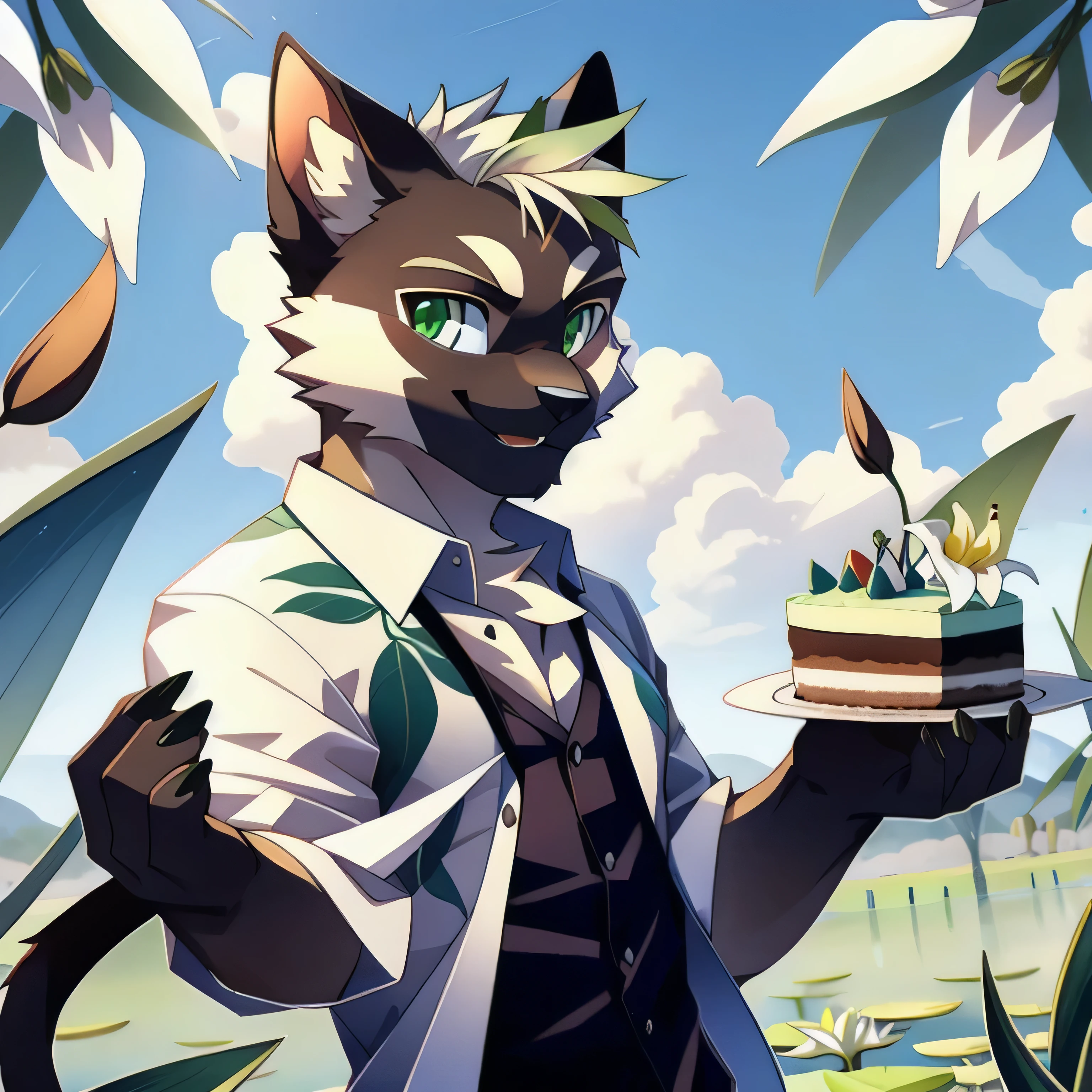A Siamese cat, furry, male, green eyes, small claws with green tips, short white hair, simple contemporary clothes with a Lily flower print, smiling for the photo, while holding a small cake, decorated and eye-catching, animated digital style.