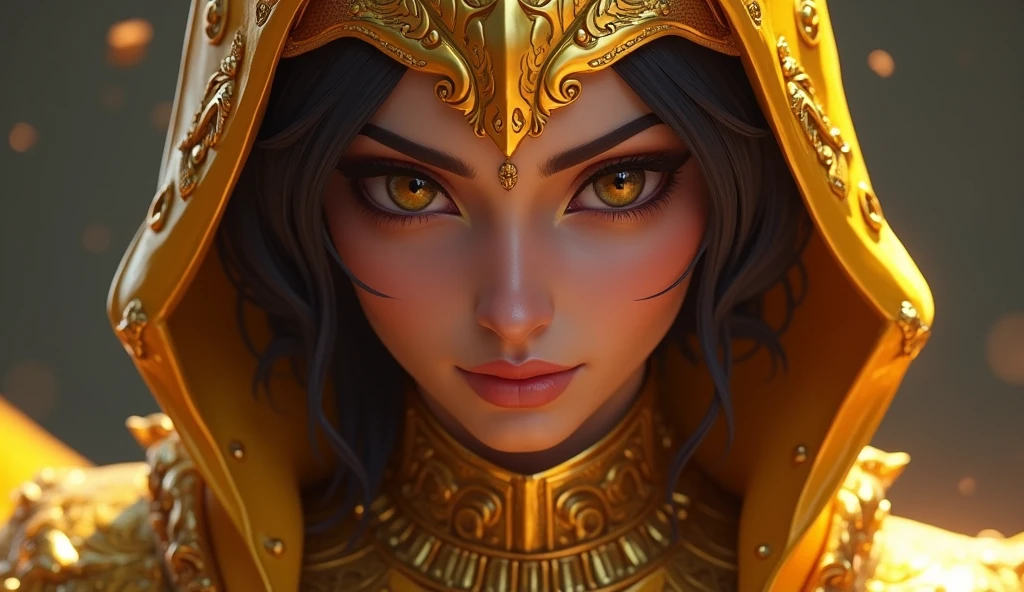 "A close-up of a Free Fire character wearing the rare 'Coroa de Ouro' skin, with gleaming gold details and an aura of exclusivity, ar 16:9"