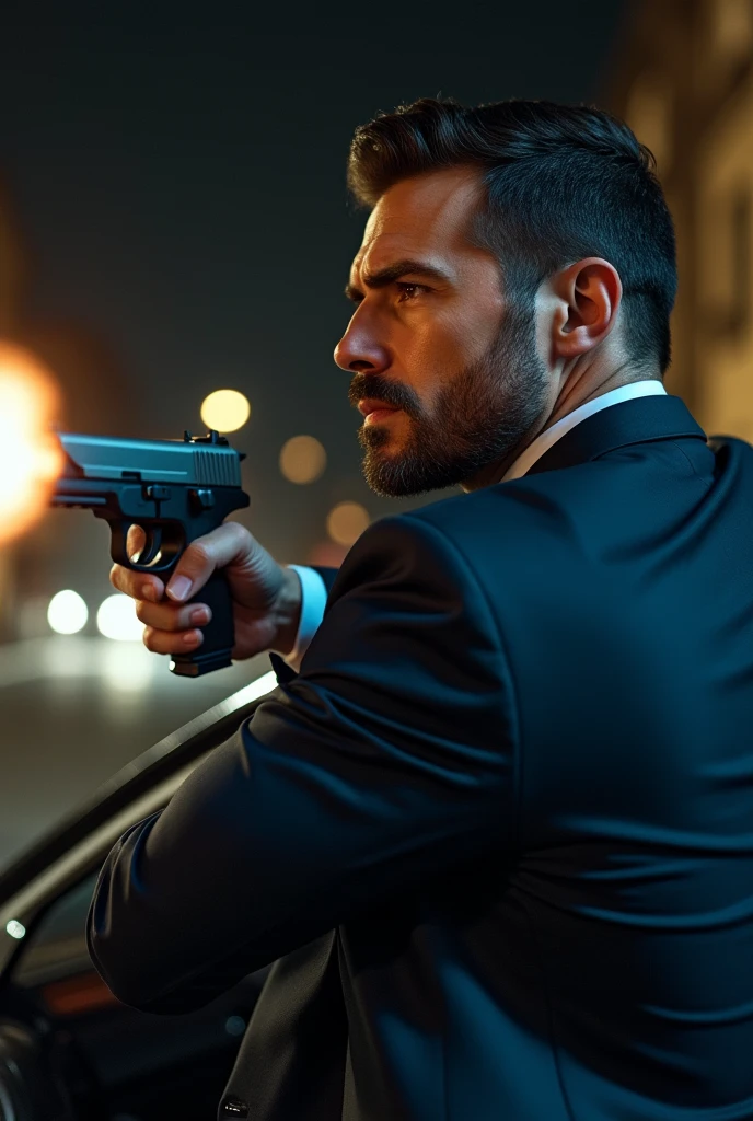 Strong young man in navy blue tuxedo, trimmed beard((with your head out of the car window but inside the car with your back turned)) shooting with gun in hand .
((Show him from behind, not showing his face so much.))
during at night
((PICTURE REALISTIC))