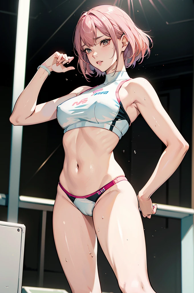 An ultra-detailed full-body illustration, style of 1980s Japanese comics, 8k resolutions, 1girl, solo, Sharp Focus, slender leg, Characterize by alluring, The character has striking pink hair, Perfect Figure with pale skin and a slender physique. she soaking wet, Her body is covered in thick sticky clear oil. She is training intensely in a boxing ring, wearing white mesh crop-top with no bra, white sheer t-back bikini with no pant, black open-finger boxing gloves, and sneakers, bra comes off, nipples, highlight breast, wet clothes, wet body. The scene is vibrant with retro colors and dynamic lines, capturing the intensity of her workout while blending a sporty, fashionable, and retro aesthetic. extremely detailed face, perfect lighting, extremely detailed CG, (perfect hands,).
