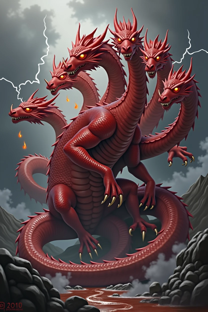 scarlet dragon with seven heads