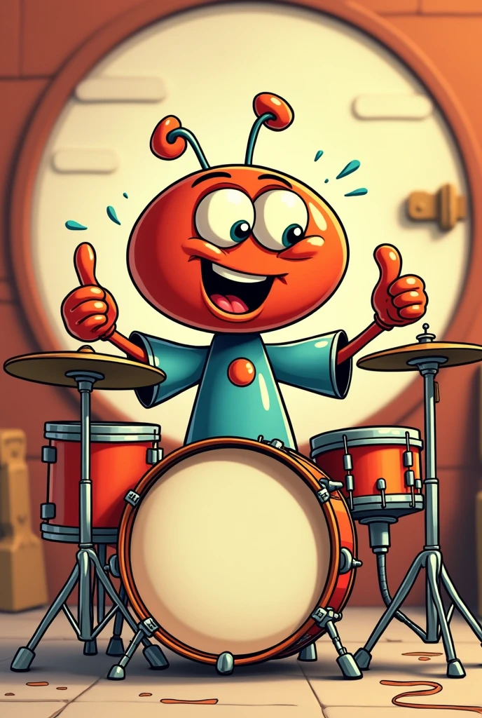 cartoon drum set with arms and legs giving a thumbs up, a cartoon inspired by Luigi Kasimir, shutter, conceptual artwork, 60's cartoon-glass-helmet, Diaper disposal robot, toonix character, clean cel shading vector art, mascot illustration, cell animation, clean cel shading, full color digital illustration, cell illustration, beautiful illustration, digital illustration