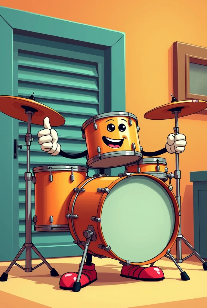 cartoon drum set with arms and legs giving a thumbs up, a cartoon inspired by Luigi Kasimir, shutter, conceptual artwork, 60's cartoon-glass-helmet, Diaper disposal robot, toonix character, clean cel shading vector art, mascot illustration, cell animation, clean cel shading, full color digital illustration, cell illustration, beautiful illustration, digital illustration