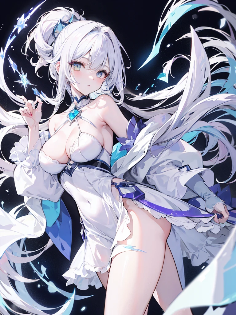 A striking anime-style female character with pale white hair tinged with light purple accents. She has sharp yellow eyes and an intense gaze. The character is dressed in a revealing white outfit with a deep neckline. The lower part of her dress is blue with a high slit on one side, exposing her leg. In her hands and floating around her are glowing ice star-shaped objects that she seems to be controlling. Her hair is adorned with an yellow headband. The background is dark, likely representing a night scene ice castle, with the glowing ice stars adding a mysterious and cold, magical atmospher ,absurdres, high res, ultrasharp, 8K, masterpiece, looking at viewer