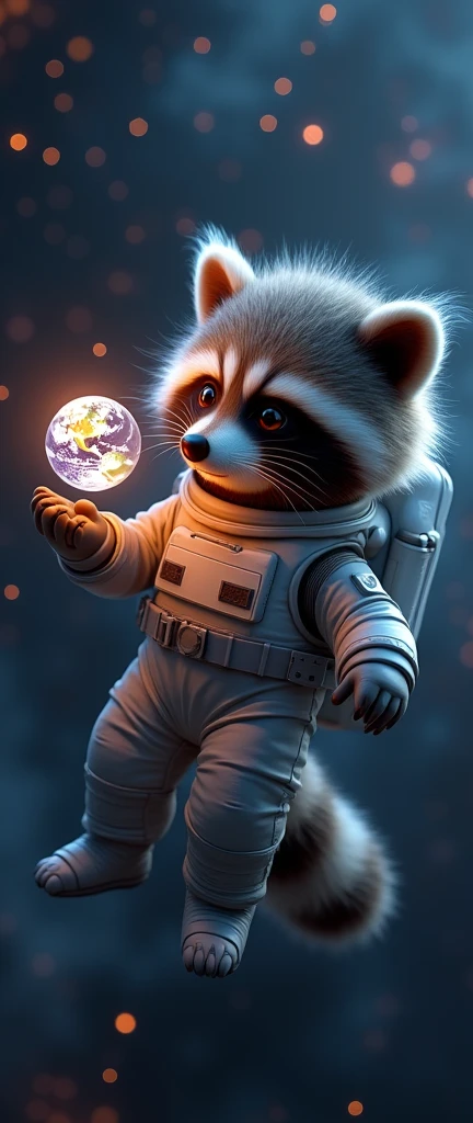 A captivating 3D render of an adorable, extra fluffy baby raccoon transformed into a realistic astronaut, floating alone in the vast, dark expanse of space. The raccoon is clad in a sleek space suit, gazing intently at a small, vibrant image of Earth suspended in their gloved hand, which casts a warm, otherworldly glow on its face. The backdrop showcases a breathtaking view of the cosmos, filled with countless stars and galaxies, creating an eerily beautiful and darkly fantastical atmosphere., conceptual art, 3d render, vibrant, photo