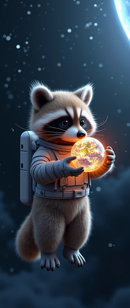 A captivating 3D render of an adorable, extra fluffy baby raccoon transformed into a realistic astronaut, floating alone in the vast, dark expanse of space. The raccoon is clad in a sleek space suit, gazing intently at a small, vibrant image of Earth suspended in their gloved hand, which casts a warm, otherworldly glow on its face. The backdrop showcases a breathtaking view of the cosmos, filled with countless stars and galaxies, creating an eerily beautiful and darkly fantastical atmosphere., conceptual art, 3d render, vibrant, photo