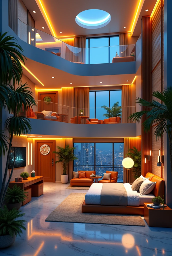 Apartment Interior, studio apartment, kitchen, bathroom, bedroom, loft room, lofts, stylized furniture, art deco furniture, art deco furnishings,neon lights ,art deco design，streamline moderne，futuristic architecture, Abstraction，modern style，Luxury and Luxury，Future night view，Futuristic decorative elements，Metallic，number line，sci-fi lamp，Virtual Engine，Unreal rendering, neon lights, greenery, balcony.
