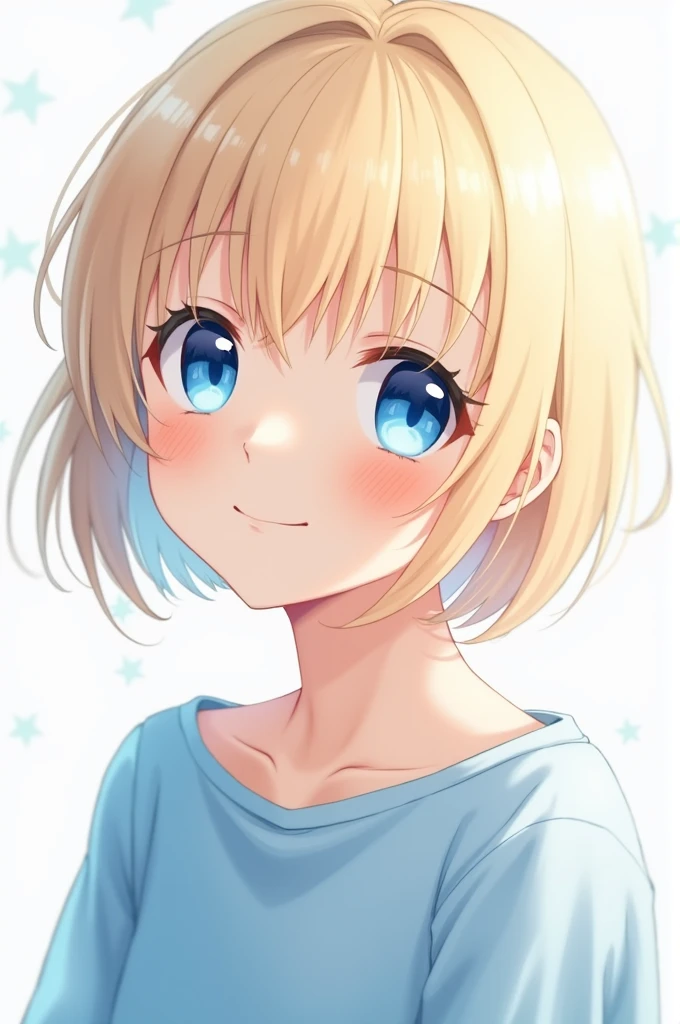 Anime girl shiny blue eyes short blonde hair blue clothes