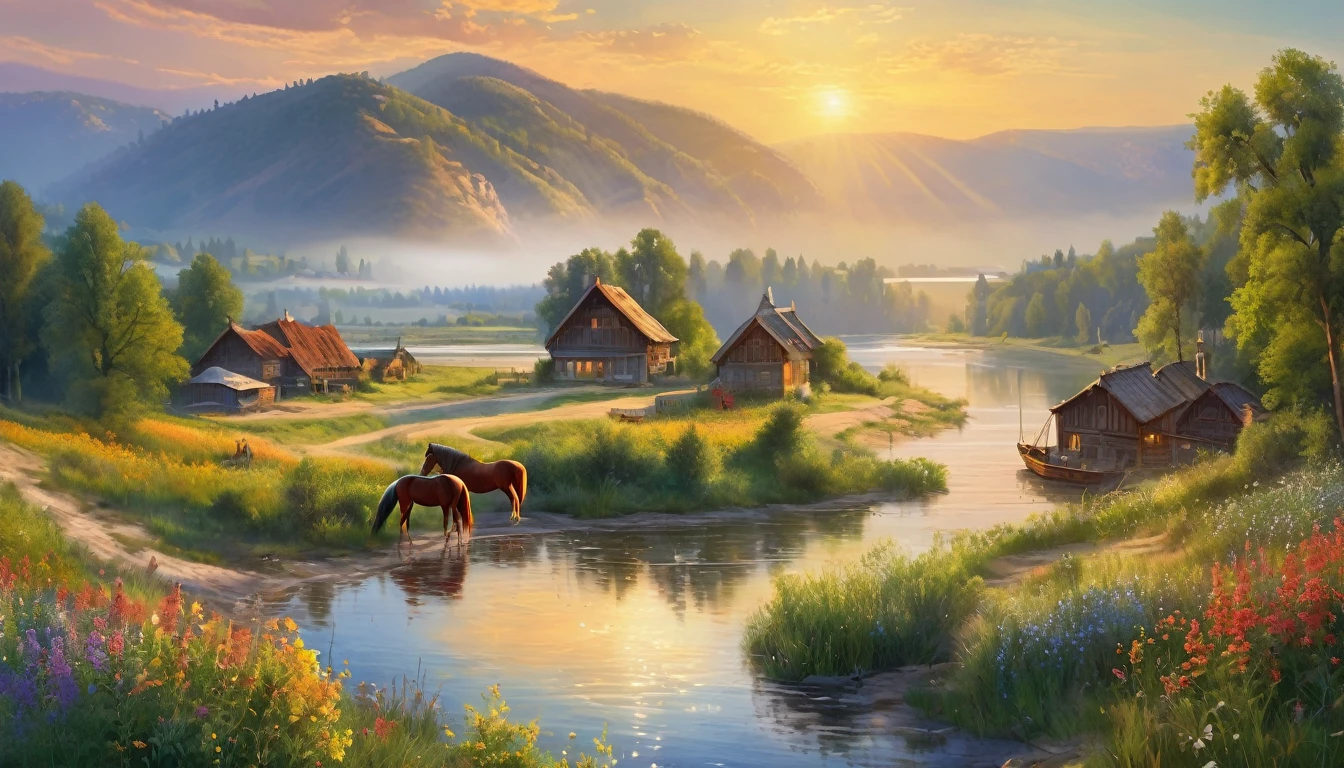Photorealism, sunset, evening, warm summer, hyper-detailed, picturesque beautiful landscape, wildflowers, romantically depicted charming Russian village, traditional crafts, horse near the shore, river, golden haze