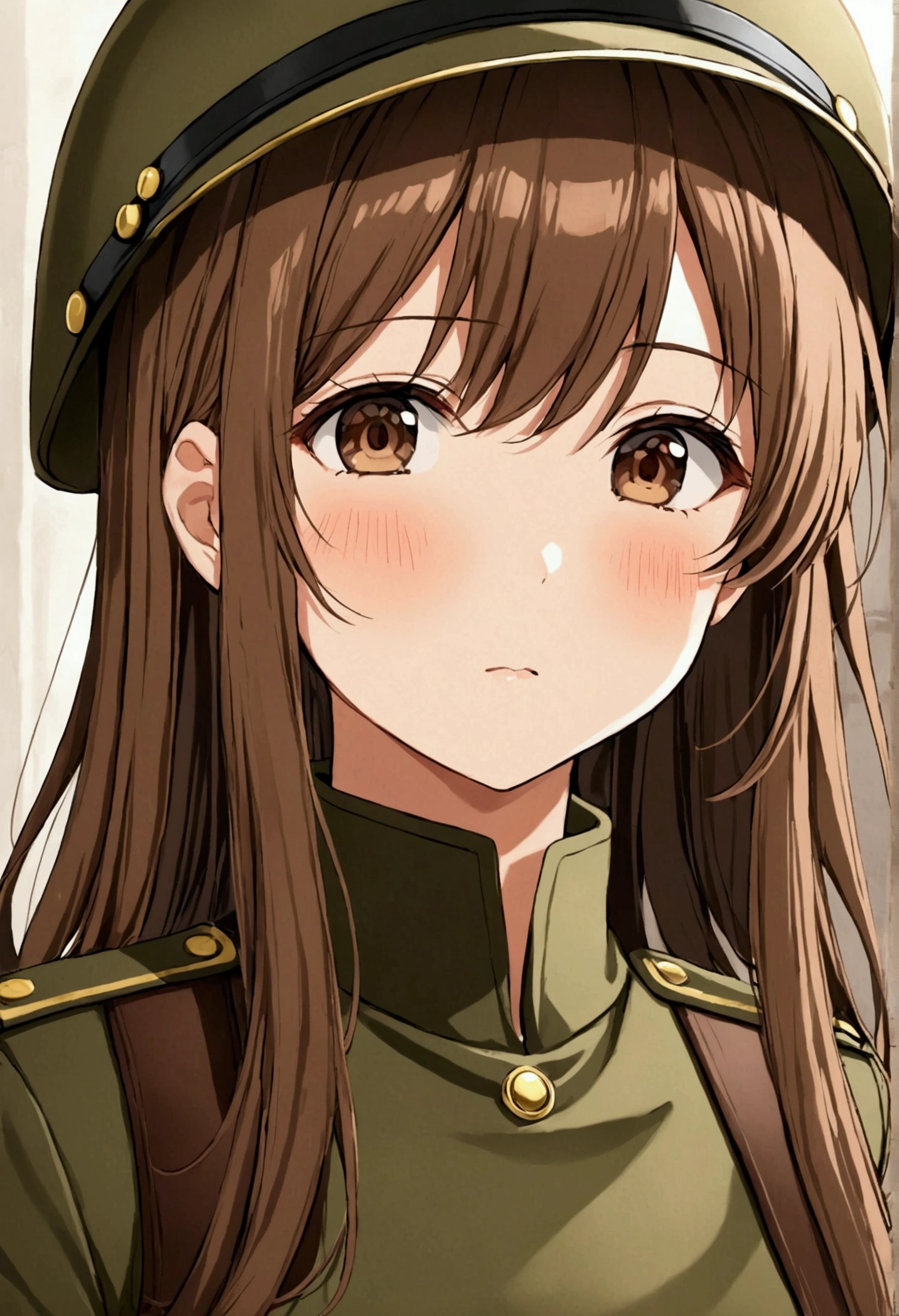 Anime cute blushing soldier girl with long brown hair and brown eyes. 