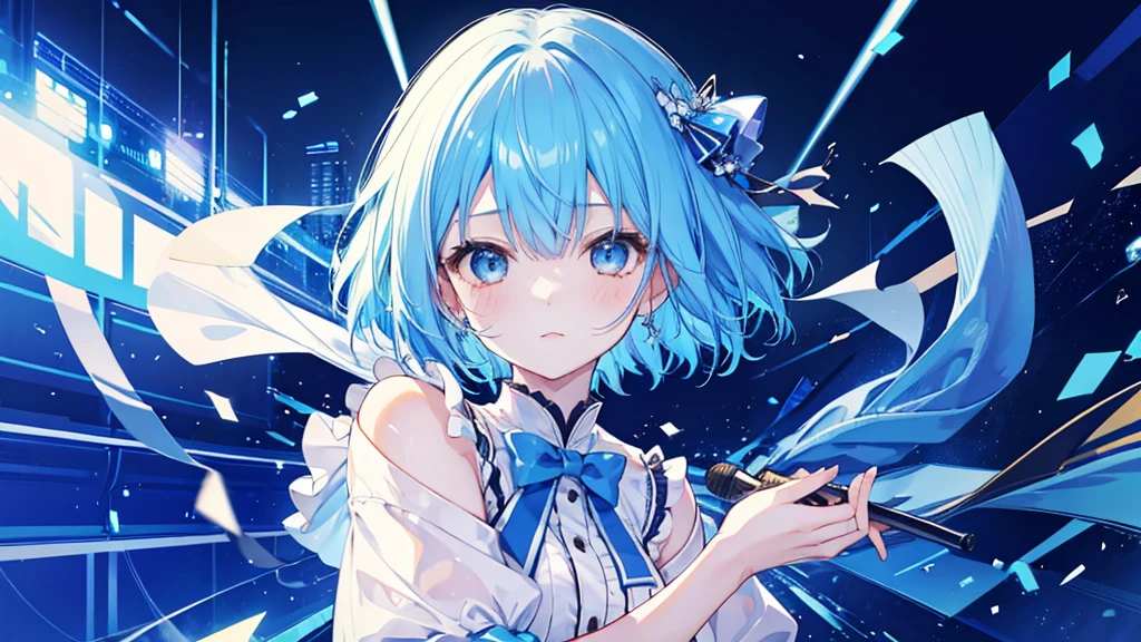 Idol girl with short blue hair。His face is shining。