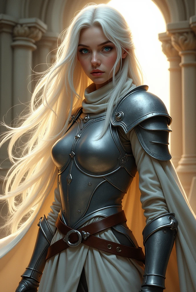 (photorealism:1.2), cleric, young woman, wearing grey light armor, light grey leathers, blue eyes, long white hair, RPG, D&d, soft lighting,  powerd pose, realistic, intricate details, warm colors, by Greg Rutkowski, by Alphonse Mucha