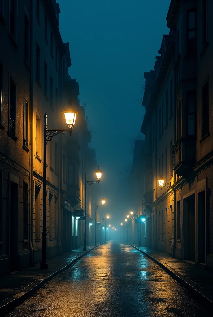 Une grande ville européenne animée la nuit avec des lumières brillantes et une atmosphère sombre et intrigante, montrant des rues désertes et des réverbères illuminés, pour créer une ambiance de suspense et de mystère.