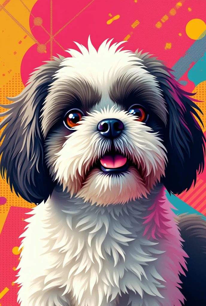 A pop art style painting with the face of a happy white and grey Shih Tzu dog