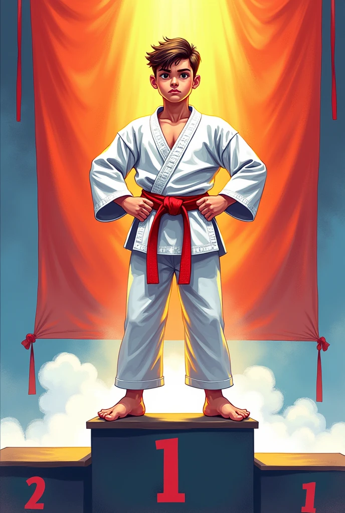 Young man on the podium in first place in karate, red belt, with a banner behind him, all in the form of a drawing 