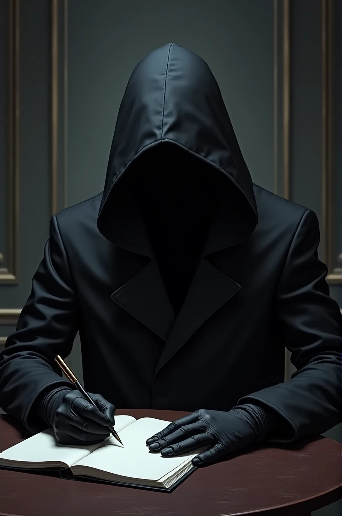 A person with a black coat and gloves,hooded without showing his face,writing in a notebook on a table,with pen,dark and hidden elegant background