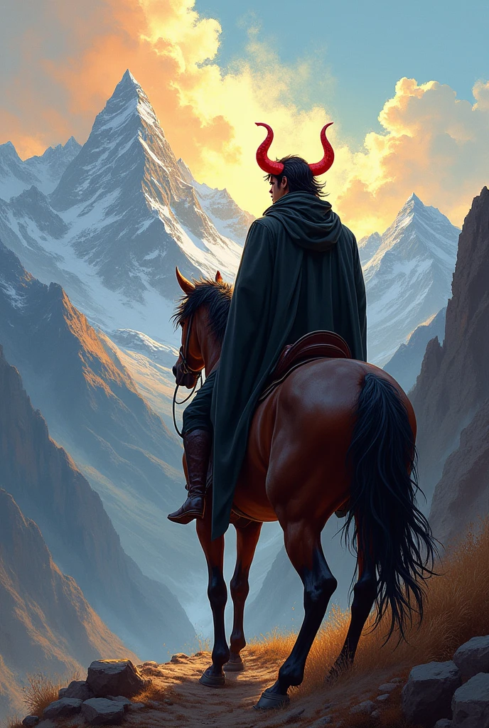 Devil on god's mission, impressionistic art with the handsome white male black haired devil with red horns and a mocking smile but gentle eyes on a horseback with his back facing the viewer but can still see slight sideview of his handsome face with mocking smile towards sunshine/goodness climbing on mountain tops