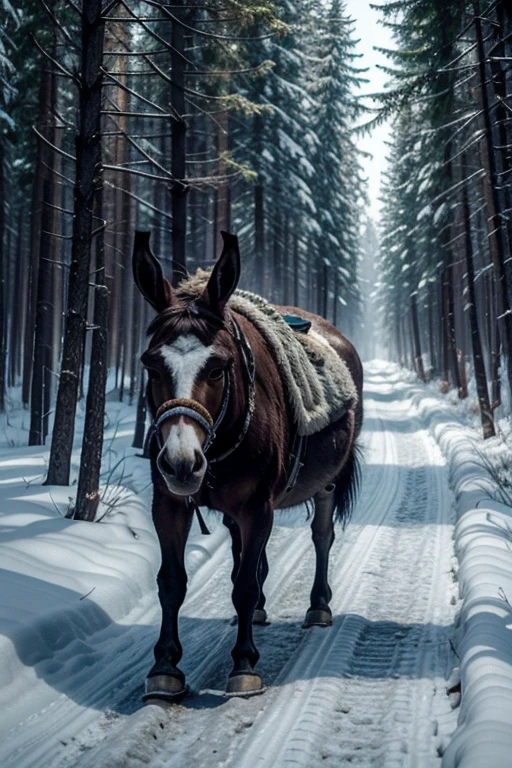 the tired and sad donkey started walking through the cold and dark forest