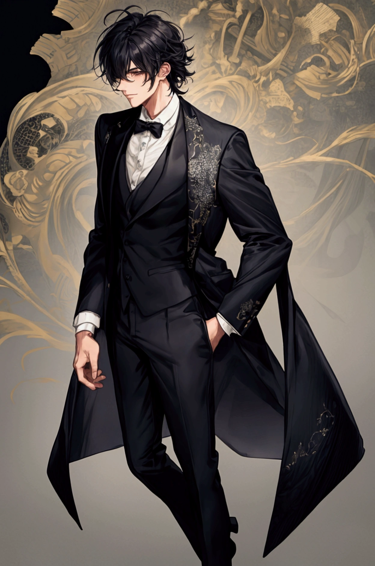 Guy, black hair, messy hair, hair is styled to side, has bangs, wears a fancy suit, half body, high quality, handsome 