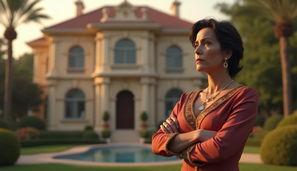 An expensive house in the background and a mom wearing expensive luxury clothes on the right side in distant
eyeing disapproval with her hands folded