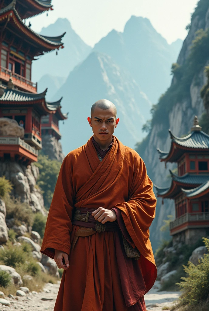 Young desciple monk, angry, standing, surrounded by temples at mountain, realistic