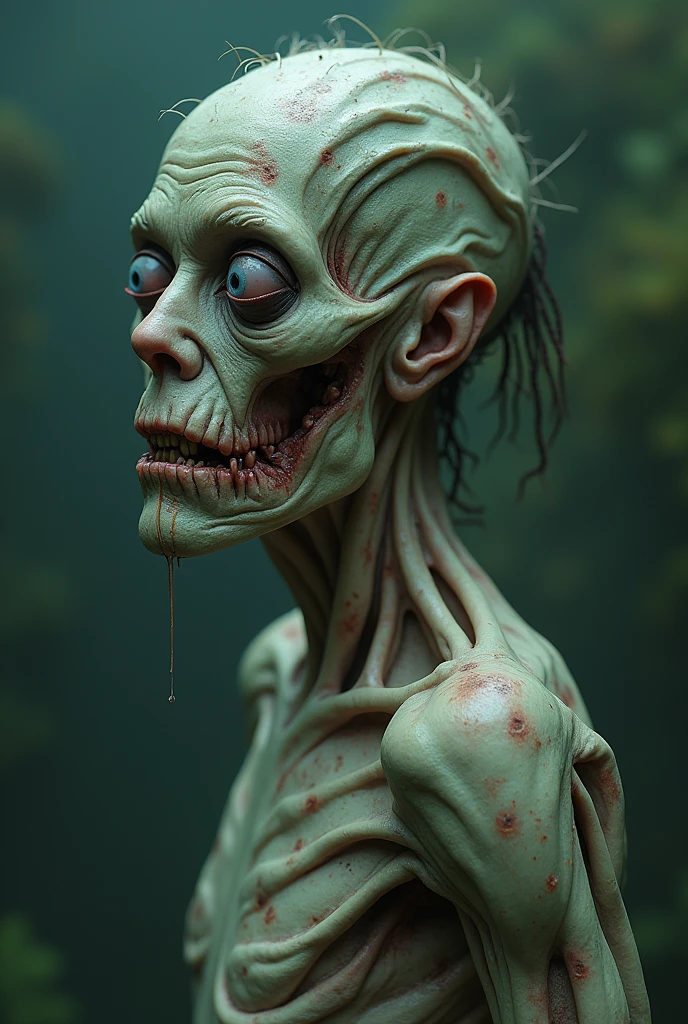 Human figure with a decomposed appearance. The person must show an advanced state of swelling and decomposition, with the skin noticeably swollen and in some places peeling off, especially on the extremities and face. The skin should have a whitish or grayish tone., with green spots, purple or red. The eyes should be swollen and protruding., and pale or dark lips, showing signs of retraction. Hair may be loose and decaying, and nails may start to peel off. The image should convey a sense of decay and decay without explicitly referring to an aquatic environment..
