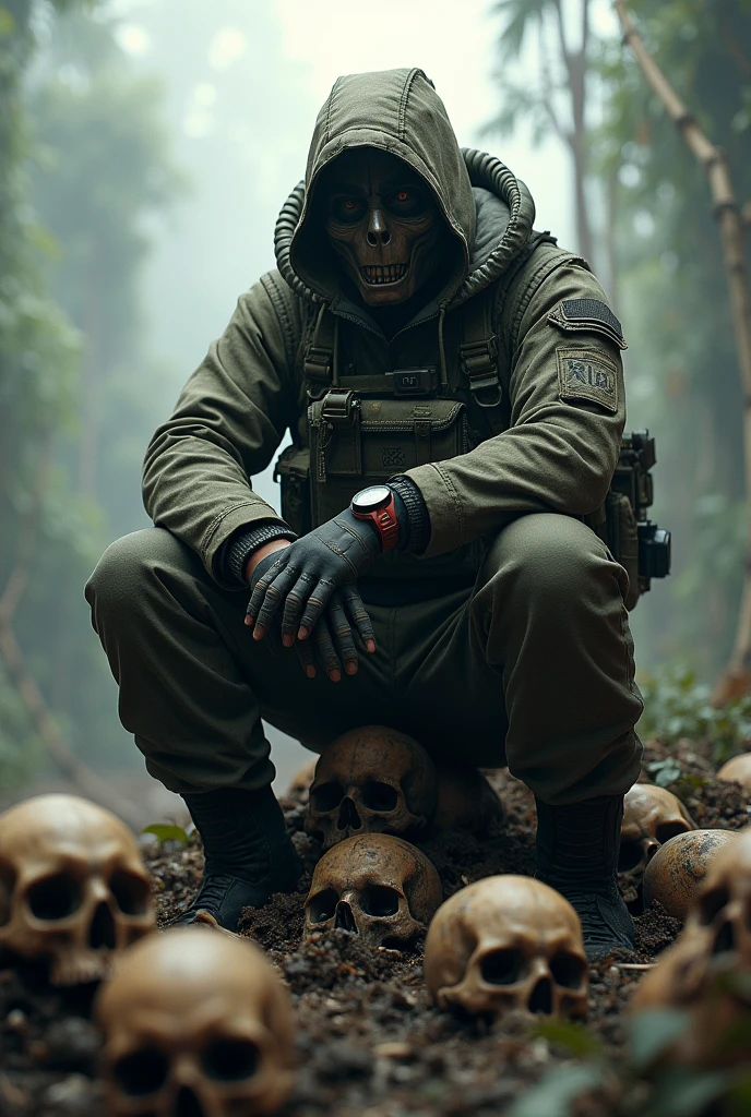 a man sitting on top of a pile of skulls, apocalypse jungle background, unreal engine character art, ballistic mask, a hardened warrior, tier 1 operator, american, artgerm ; 3d unreal engine, ( ( character concept art ) ), mmorpg gameplay, cloaked soldier, invisibility, camo, outdoor clothing, tom clancy the division watch