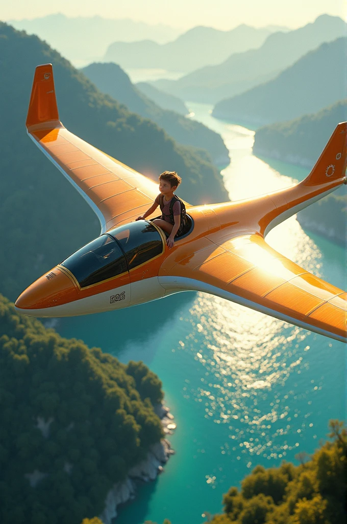 Robin's Solar-Powered Glider:
A young adventurer, Robin, soaring through the sky on a sleek, solar-powered glider. The glider's wings are shimmering with golden light, absorbing energy from the bright sun above. Below, a landscape of lush forests and sparkling oceans stretches out, reflecting the sunlight.