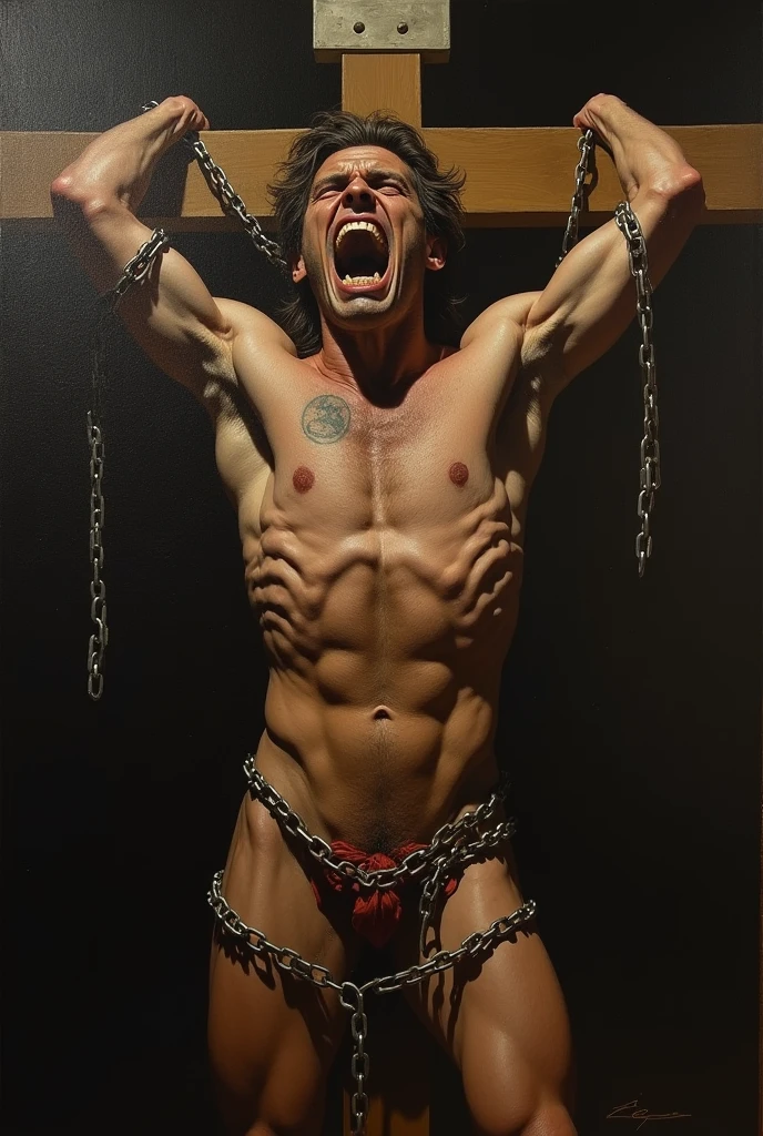 Human chained in a cross; front view, face full of rage; caravaggio painting; realism