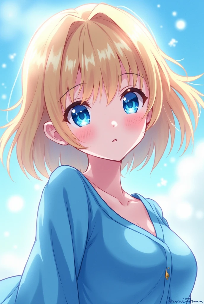 Anime girl shiny blue eyes short blonde hair blue clothes 