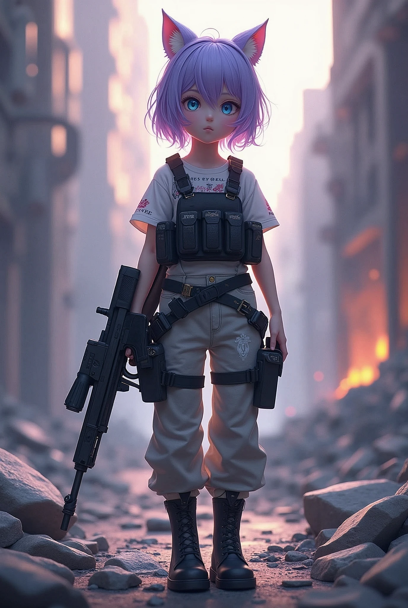 ((Best Quality)), ((masterpiece)), (detailed), (original), (realist), Short hair girl, medium light blue eyes, cat ears, soft smooth skin, small mouth, pink, glow, parts, introvert, shy, angelic, Whole body, pants with belt, pistol belt on leg, Military equipment, white shirt with details, leather boots with pointed toe, bulletproof vest, survivor, dystopian ruins background, textura refinada glow, costume weapon rifle, mixed clothing, violet locks of hair, combat potion, massive combat defense, evasion,