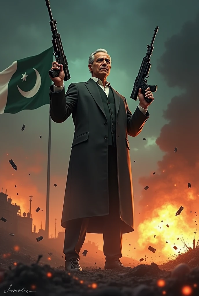Generate muhammad ali jinnah(Quaid e azam) holding two machine guns, infront of bomb blasts with the pakistan flag in the background. The sky is also night time