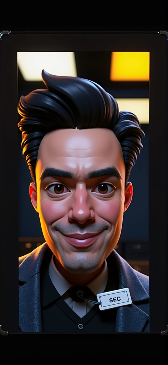 Create a full body portrait of cartoonish caricature 3D animation of a big-headed facing straight to the camera. a 22 years old indonesia raphlauren shirt. He has short black pixie cut hair. His face is oval with smooth lines, thick and neat black eyebrows, normal eyes, a small, sharp nose, and thin lips with a wide, friendly smile. He wore a black double breasted suit. Gradient blue background. masterpiece, top quality, highly detailed skin and face, ultra-realistic, high definition, sharp focus, Concept Art. Front facing, half body portrait, in a office environment