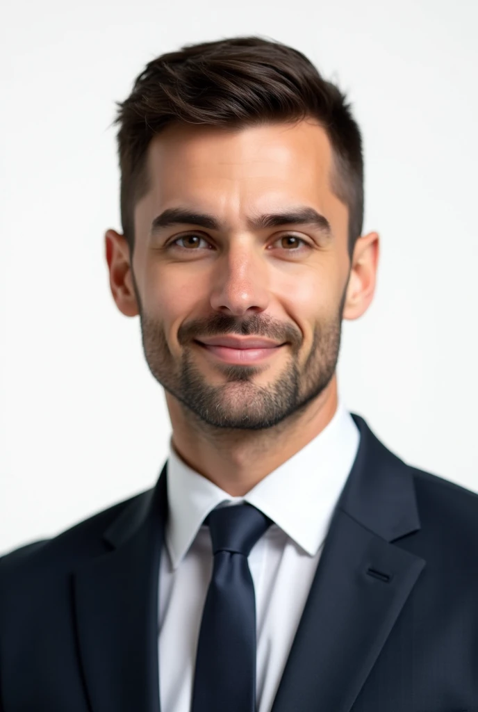 Create a realistic passport photo of a man in his 30s with dark brown hair, normal build and light stubble. The man should wear a formal suit with a tie and the background should be plain white, in line with passport photo requirements. His hair should be cut short, the hair should be too short to be combed. He should have a neutral expression without a smile. his hair is too short. The image should resemble a real photograph taken in a professional studio. the jaw structure should be oval neck structure should be normal. His/her face must be expressionless. he/she must meet the requirements for official offices and passports. his/her hair must not be cool. Just short hair, slightly combed to the side.