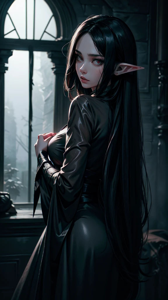 (best quality,4k,8k,highres,masterpiece:1.2),ultra-detailed,(realistic,photorealistic,photo-realistic:1.37),goth korean girl, gothic,1woman,dark forest,red eyes,dark ambient,low saturation,anime style,pale skin,long flowing hair,gothic clothing,silhouette,surreal background,mysterious atmosphere,intense emotions,melancholic expression,lens flare,dramatic shadows,symbolic elements,heavy makeup,pale and dark colors,misty fog,ethereal beauty,subtle texture, dark makeup, back shot , full body,sweat on her body,.detailed eyes, detaield hands, detailed face, elf woman, full body

