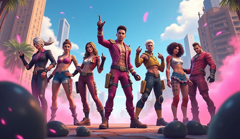 "A vibrant Free Fire in-game event scene, featuring characters in themed costumes, exclusive skins, and special event effects, ar 16:9"