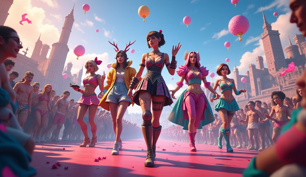 "A vibrant Free Fire in-game event scene, featuring characters in themed costumes, exclusive skins, and special event effects, ar 16:9"