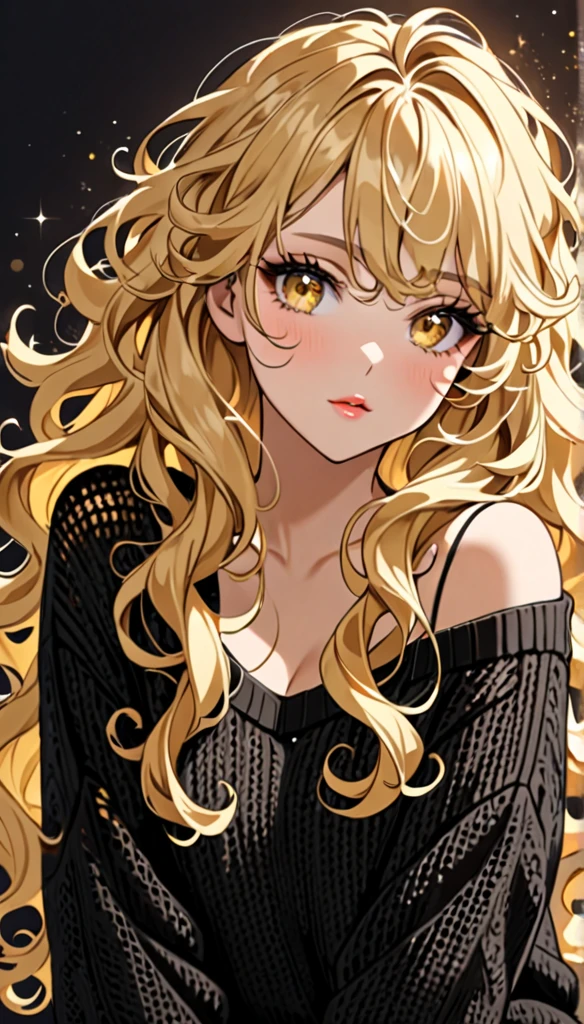 Beautiful and blond, curly but styled hair, best quality, beautiful woman, amorous expression, confident, blonde messy wavy hair, extremely long hair, very very long hair, yellow eyes, make-up, wearing only a loose fitting black summer knit sweater, sparkly fluffy, flaunting her hair