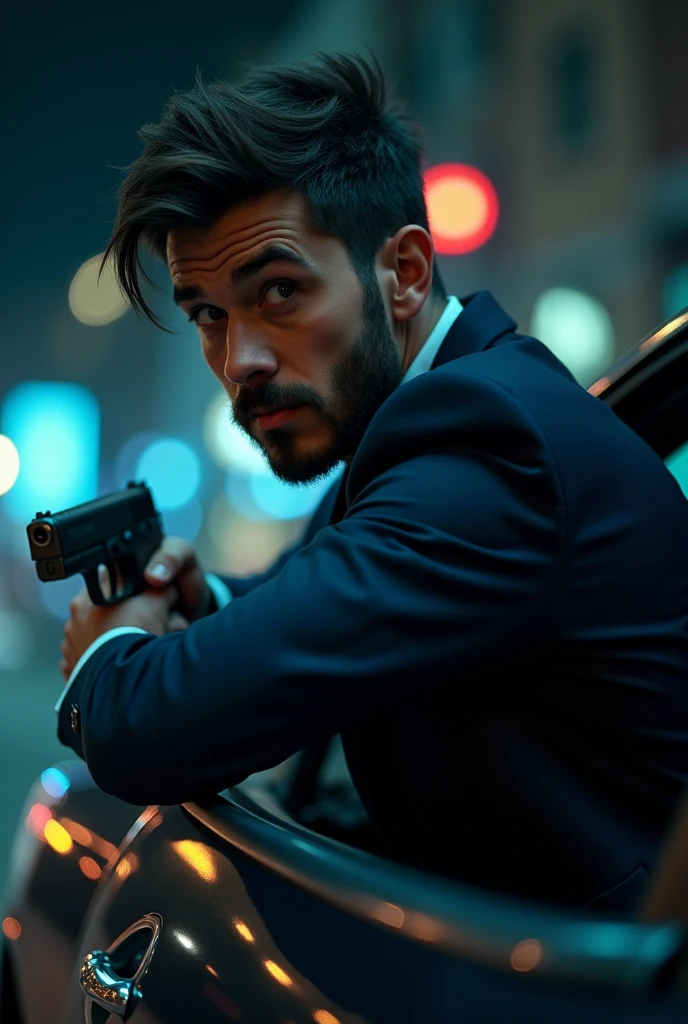 Strong young man in navy blue tuxedo, trimmed beard((with your head out of the car window but inside the car with your back turned)) shooting with gun in hand .
((Show him from behind, not showing his face so much.))
during at night
((PICTURE REALISTIC))

REPRODUCING THIS LAST IMAGE BUT USE A MAN WITH A YOUNGER FACE
