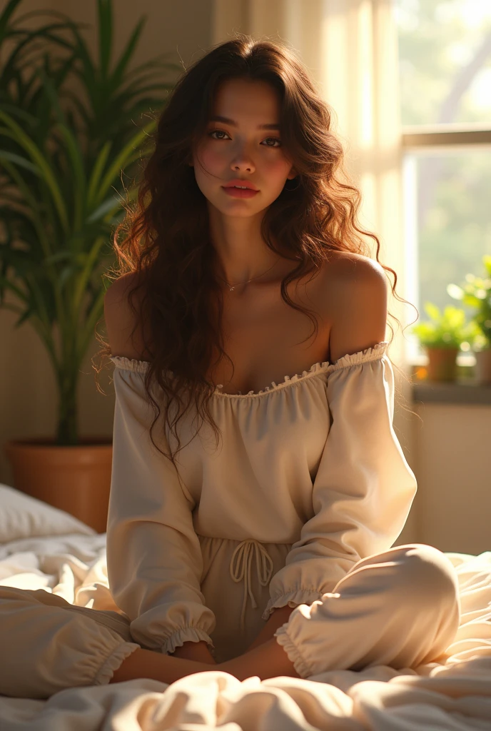 (photorealism:1.2), beautiful woman, sitting on bed, wearing loose off-shoulder top, pajama pants, long curly hair, indoors, soft lighting, plants in background, window with sunlight, cozy room, relaxed pose, realistic, intricate details, warm colors, by Greg Rutkowski, by Alphonse Mucha