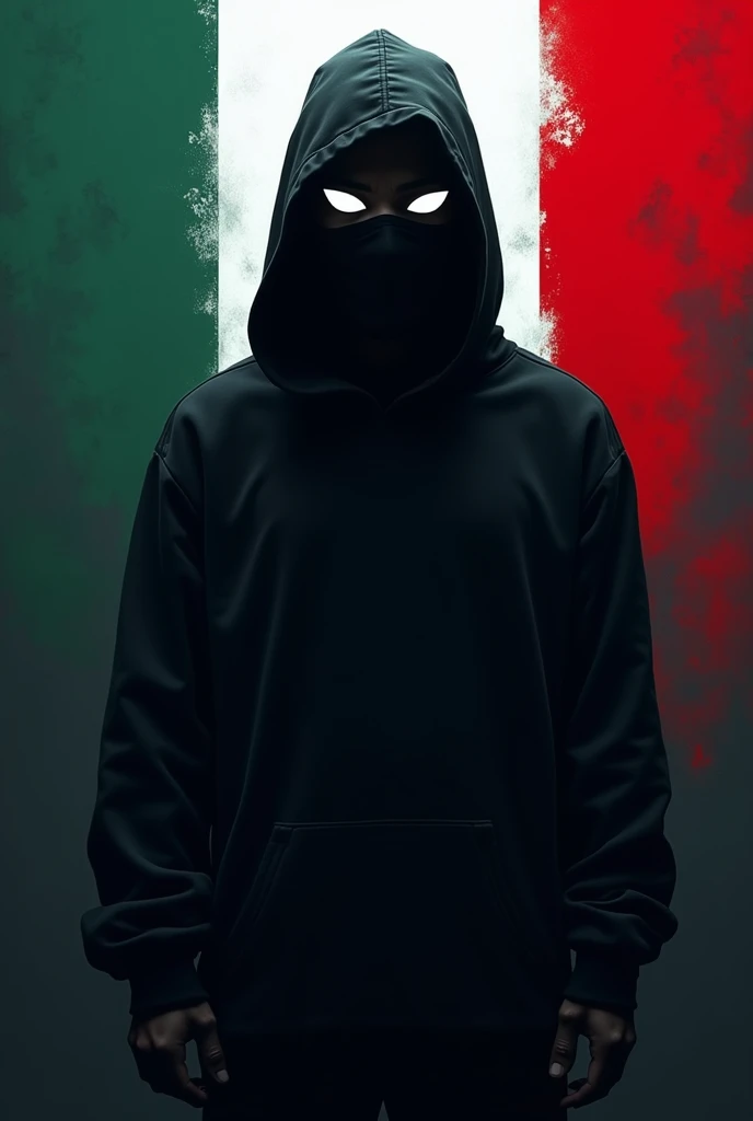 Create a man with a black balaclava and a sweatshirt that covers his entire body. That from his face only a few bright white eyes can be seen. Make the image with a dark environment and the background is the Mexican flag, make the flag ultra realistic, very real and make the character like an anime 