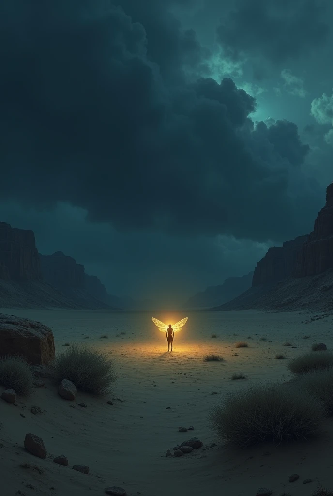 firefly in the desert night under an ominous sky
