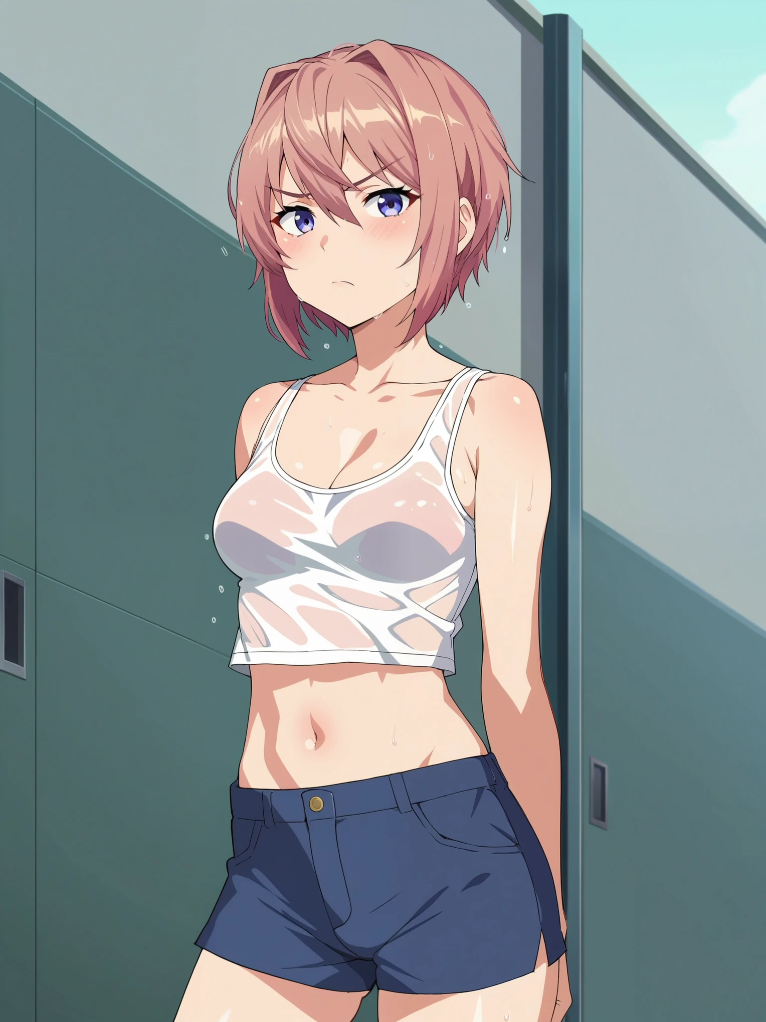 score_9, score_8_up, score_7_up, source_anime, BREAK by ikuchan kaoru, iku, clean color, flat color, 1girl, anime screencap, screencap, seras, 1girl, solo, schoolgirl, doki dok literature club, Sayori, wet clothes, wet hair, damp hair, annoyed, pouting, crop top, shorts