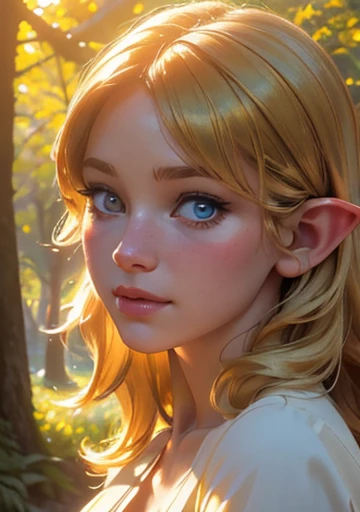 1girl, beautiful elf princess, short golden hair, priestess dress, large breasts, wide hips, golden forest, magical serene atmosphere, golden sunlight, (best quality,4k,8k,highres,masterpiece:1.2),ultra-detailed,(realistic,photorealistic,photo-realistic:1.37),detailed face, beautiful detailed eyes, beautiful detailed lips, extremely detailed eyes and face, long eyelashes, fantasy, concept art, vibrant colors, warm lighting, intricate details, soft focus, depth of field, lush foliage, sunbeams, golden hour